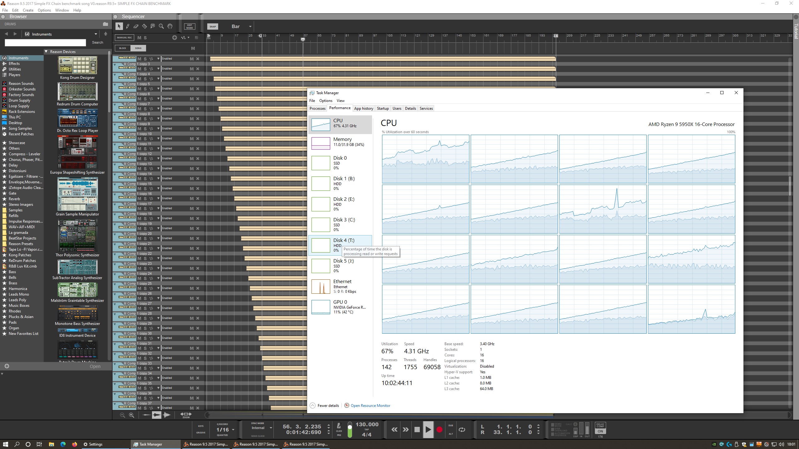 Simple 44100 Hz buffer 256 67% CPU max Ryzen 5950X 1m40s .jpg